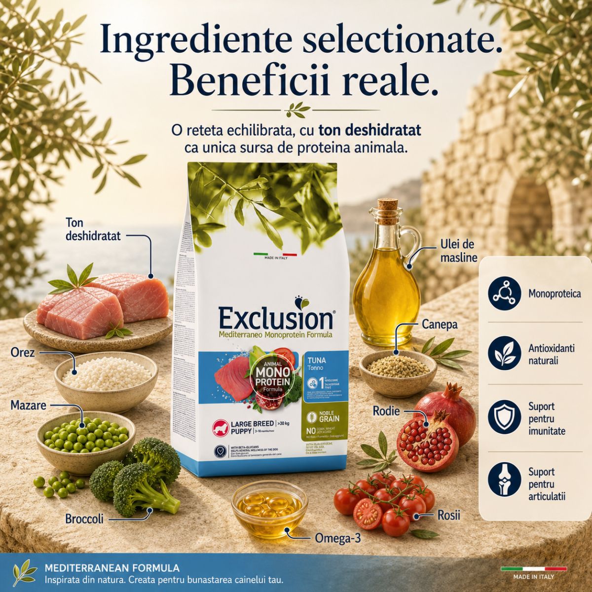 EXCLUSION Mediterraneo Monoprotein Formula Puppy Large Breed, L-XL, Ton, hrană uscată monoproteică câini junior, 12kg - imagine 5